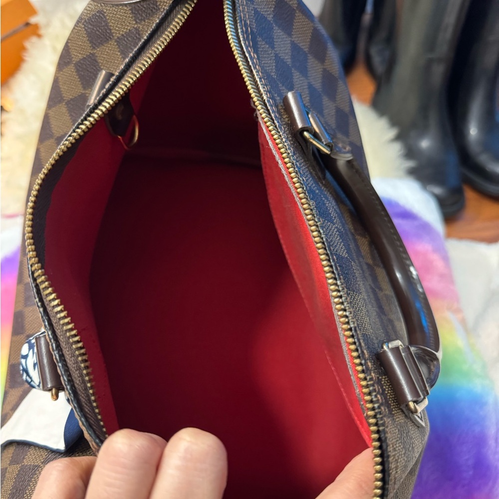 Checkered Brown Handbag with Red Interior